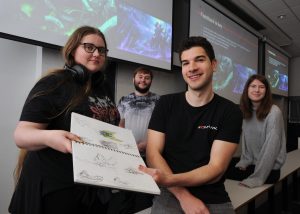 Dennis van Kessel from Gateshead graphics company Atomhawk, talks to South Tyneside College art and design students, left to right, Emma Boyd, Jack Gray and Lana Stephenson, about how to get into games graphic design jobs, as part of National Careers Week.