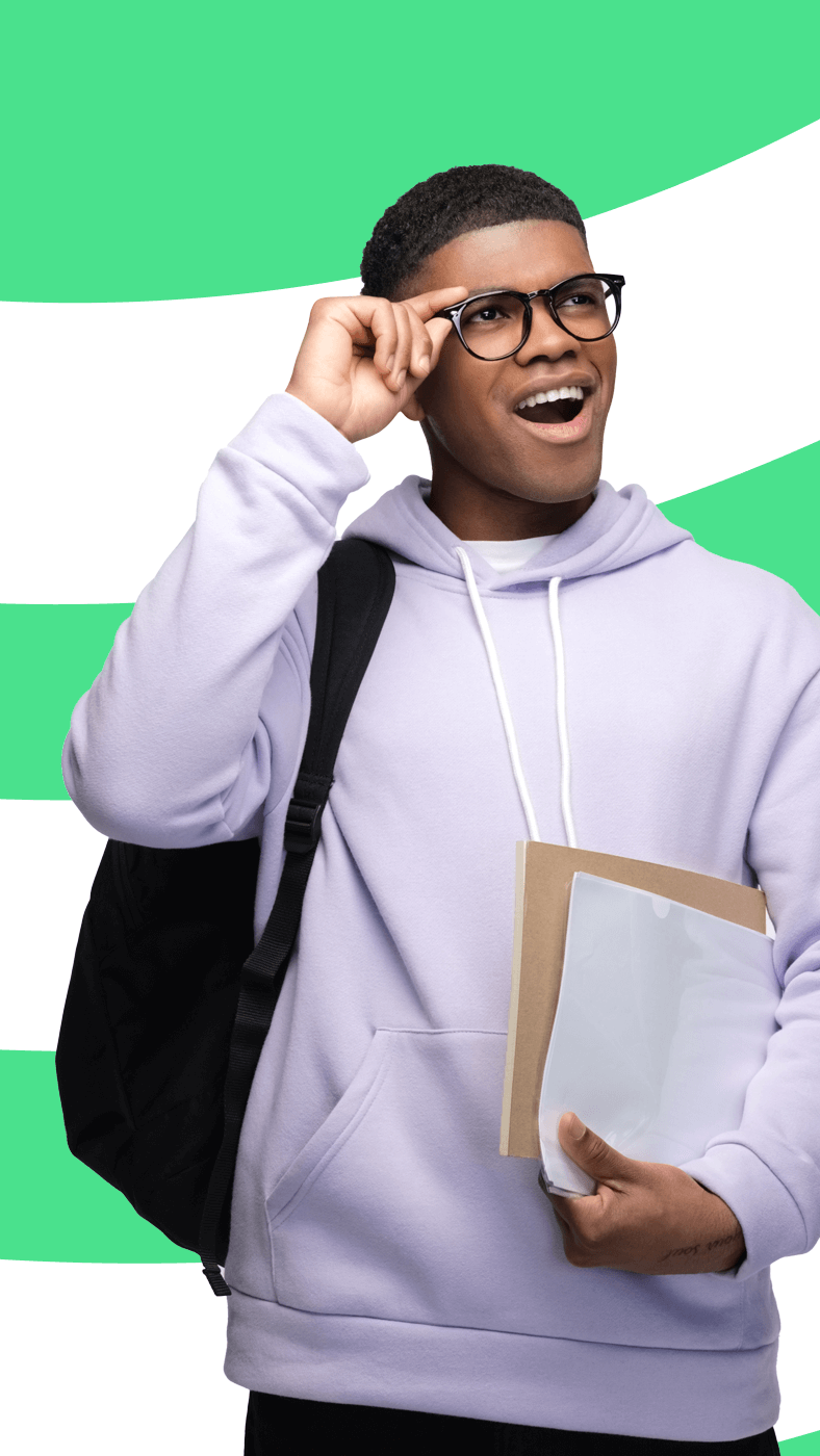 A teenager with a backpack on and carrying books looking excited.