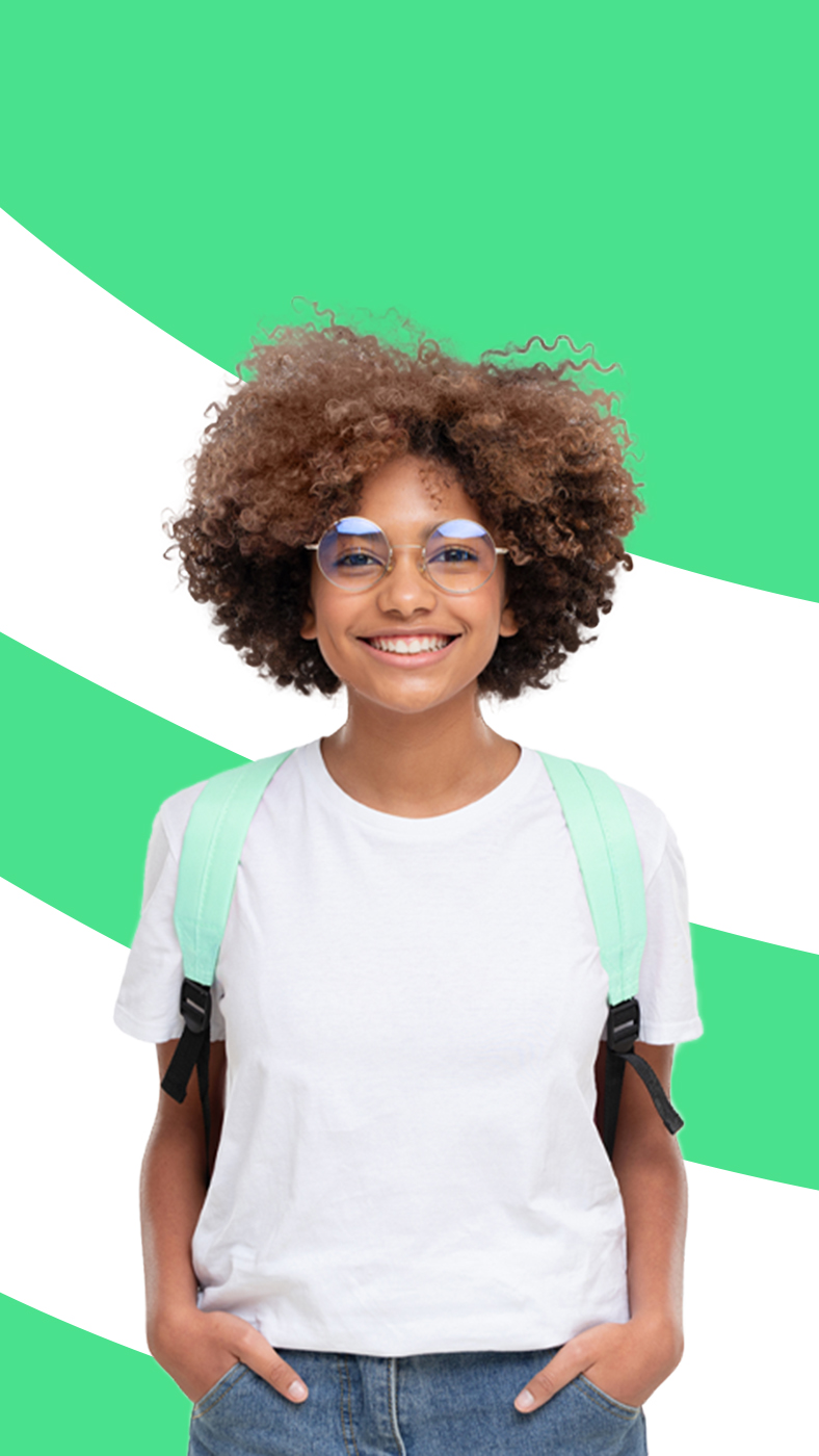 Portrait of smiling african school girl wearing white t-shirt, glasses and backpack, isolated on gray background